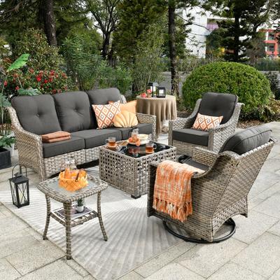 OVIOS 5 Pieces Outdoor Wicker Swivel Chair Set With Solar-Powered Table