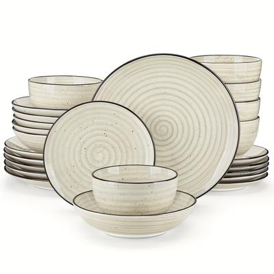 TEMU 24-piece Beige Handpainted Spirals Stoneware Dinner -set With Bowl, Dessert Plate, Soup Plate, Dinner Plate Image