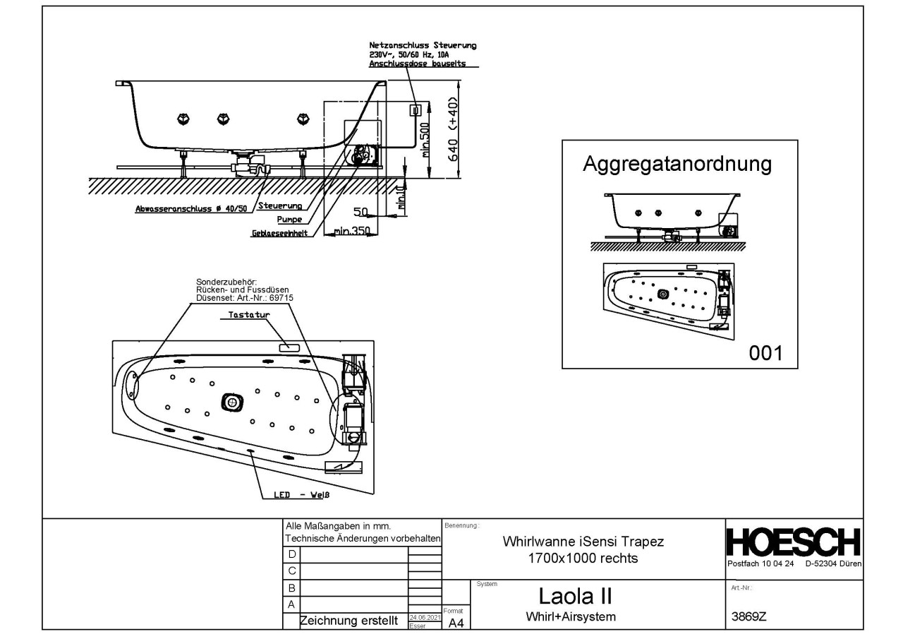 Hoesch Whirlpool iSensi Trapez 1700x1000 rechts Laola II, Weiß/verchromt/Motor rechts, 3869Z.0103050 3869Z.010305001 Image