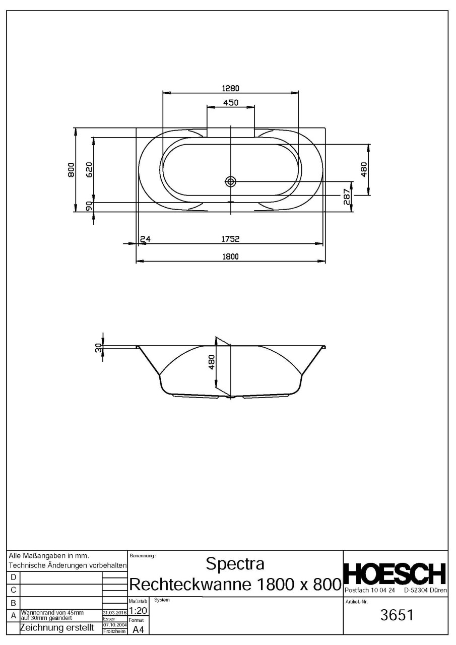 Hoesch Badewanne Spectra 1800x800 Weiss 3651.010 Image