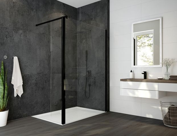 Hoesch Duschabtrennung Alaris Pro Walk-In mit Schutzwand Ecke, 800mm, Profil in Schwarz, 8629471.101 8629471.101414 Image