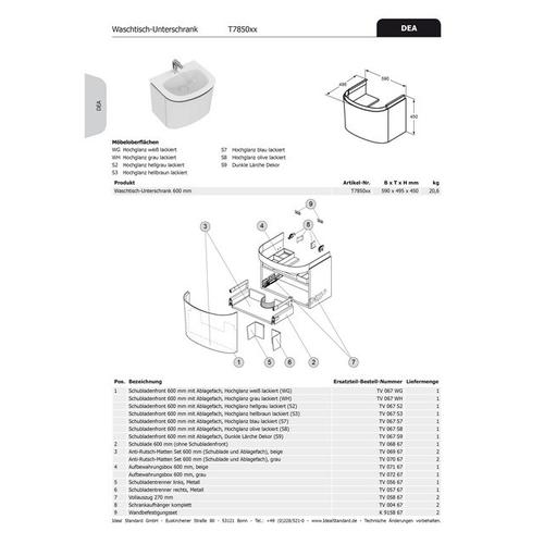 Ideal Standard Schubladenfront DEA, für WT-US b:600mm, TV067S2 mit Ablage, Hochglanz hellgrau lackie TV067S2