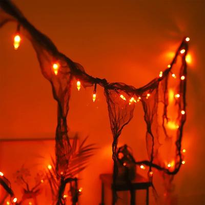 Halloween String Lights Indoor 30LED Orange Decorations with Black Gauze Battery Operated 9.9Ft Creepy Cloth Spooky Lights Gothic Party Room Decor 2 Modes Steady/Flickering Lights