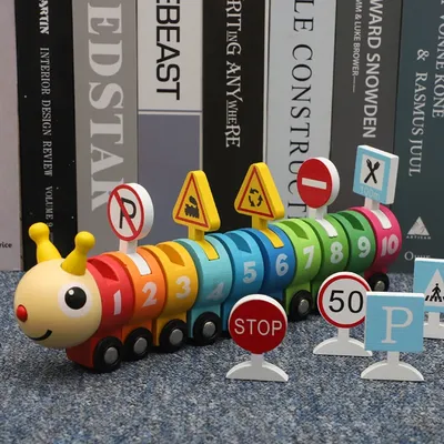 Colorful Wooden Caterpillar Train Set With Number Traffic Signs, Color Number Cognition Traffic Toy,