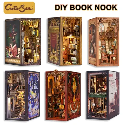 CUTEBEE DIY Book Nook Doll House with LED Light Dust Cover Bookshelf Insert Decoration Model For