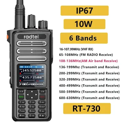 Radtel RT-730 IP67 Waterproof 10w Air Band Walkie Talkie CB SSB Amateur Ham HT 199CH USB-C Battery NOAA Police Scanner Satcom
