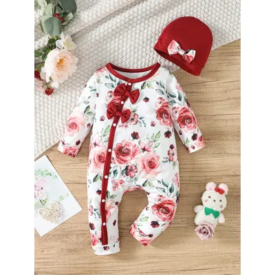 Baby Girls 1-24m Bow Soft And Comfortable Body Floral Design Romper And Hat Spring And Autumn