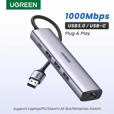 UGREEN USB Ethernet Adapter 1000/100Mbps USB3.0 HUB RJ45 Lan for Laptop PC Xiaomi Mi Box Macbook
