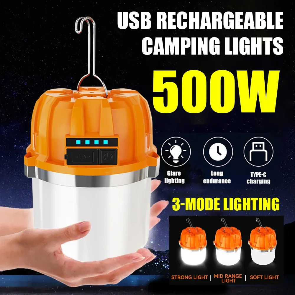 500 W LED-Campinglaterne, USB wiederaufladbar, tragbare Lampe, Taschenlampe mit Leistungsanzeige, Notlicht für Angeln im Freien Image