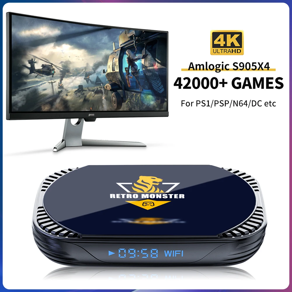 Console de jeu vidéo rétro 4K S905X4, boîte de jeu Monster rétro, 48000 jeux intégrés pour PSP/PS1/Sega Saturn/SNES Android 11.0 TV Box