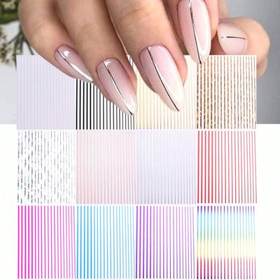 TEMU 12 Color Line Nail Stickers 12pcs 3d Colorful Metallic Mirror Straight Line Manicure Design Diy Gel Polish Decals Slider Holographic Nail Art Decoration