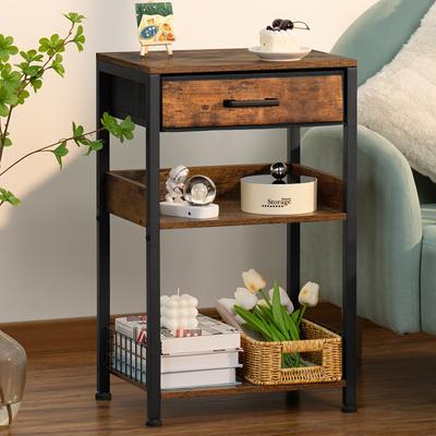 TEMU With Fabric Drawer, 3 Tier Industrial Table With Storage, Modern Tall Printer Stand, Nightstand, Rustic Bedside Tables For Living Room Bedroom Small