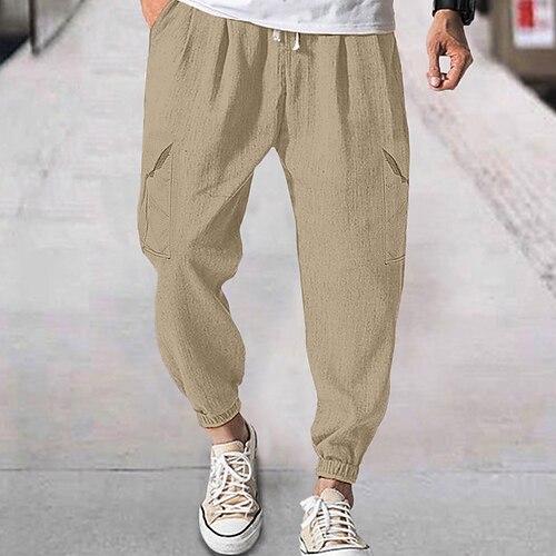 Herren Leinenhose Cargo-Jogger Hose Hosen Sommerhosen Strandhose Kordelzug Elastische Taille Multi Pocket Glatt Komfort Atmungsaktiv Casual Täglich Festtage Modisch Klassicher Stil Schwarz Weiß Image