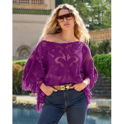 Boston Proper - Sparkling Grape Purple - Crochet Slouchy Fringe Poncho - Medium/Large