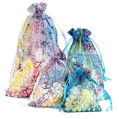 25pcs/50pcs Organza Gift Bags 7x9/9x12/10x15/13x18cm Jewelry Packaging Bags Wedding Present Drawable