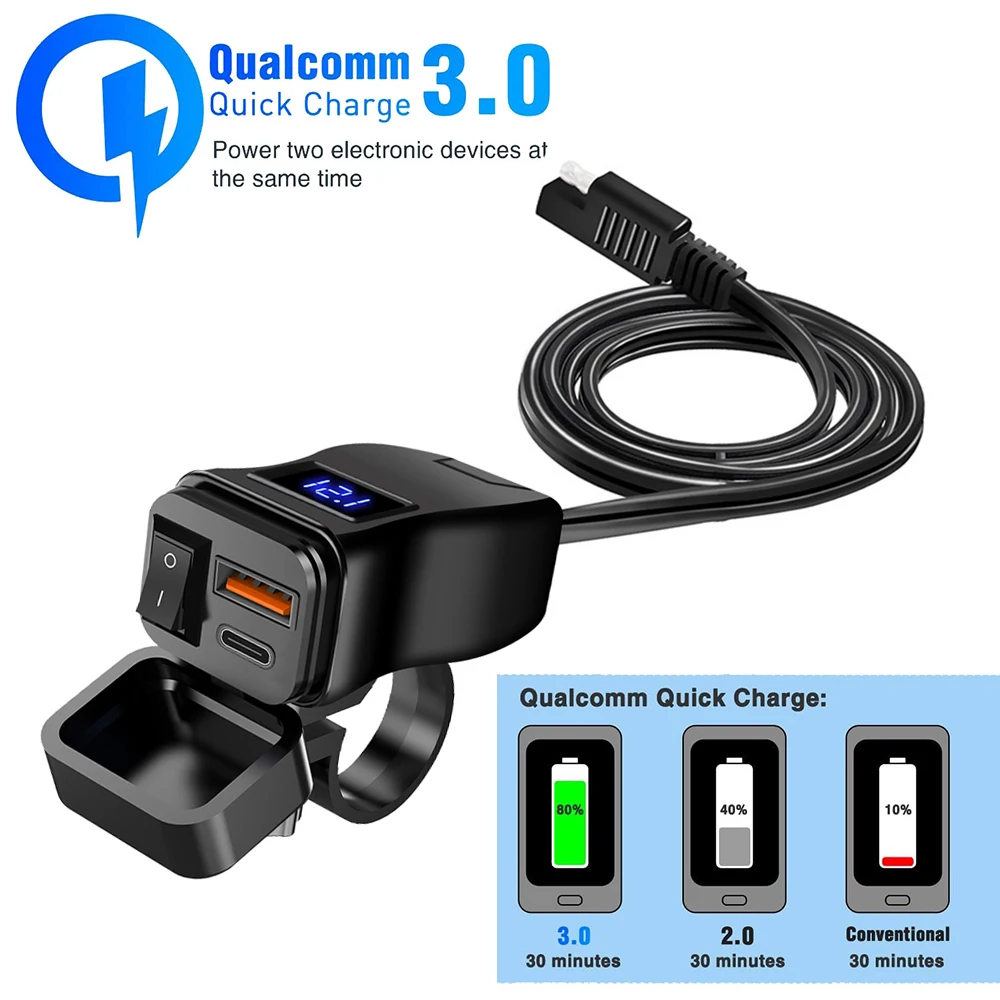 Dual USB Motorrad Ladegerät QC 3,0 Schnell ladegerät Netzteil buchse mit Schalter wasserdichtes digitales Voltmeter Moto Zubehör Image