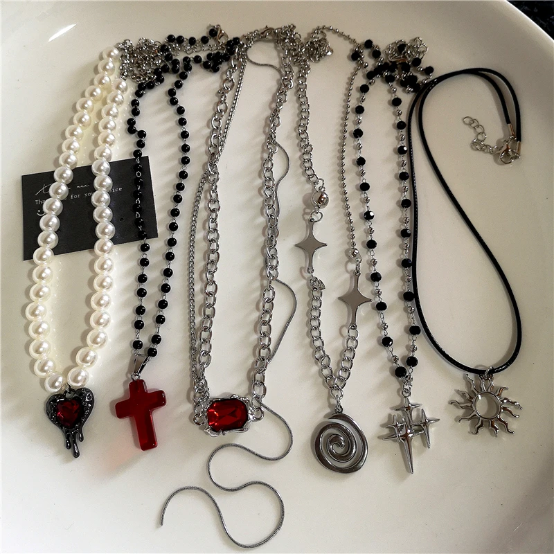 Edelstahl Spirale Sonne Glas Kreuz Anhänger Halskette Layered Choker Stern Charm Halskette Grunge Y2K Hals Schmuck Für Männer Frauen Image