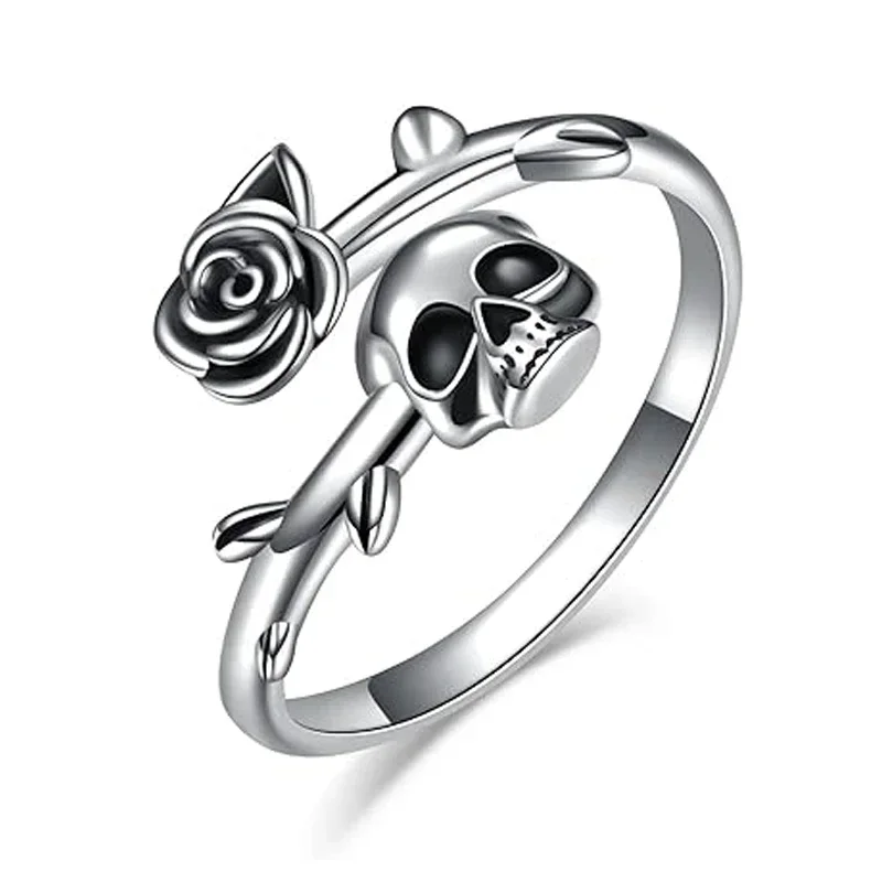 Goth Einzigartiger Totenkopf-Rosen-Silber-Farben-Ring für Frauen, edler Schmuck, Finger, verstellbar, offener Vintage-Ring für Party, Geburtstag, Geschenk