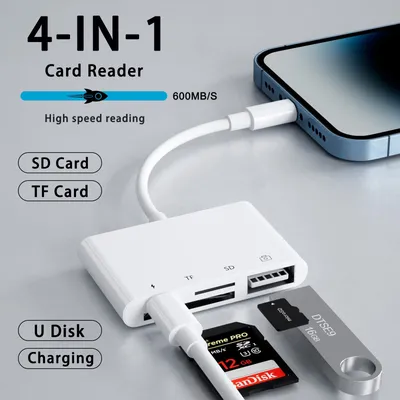 4 in 1 USB Card Reader SD/TF Card For iPhone 14 13 12 11 Pro Max Lightning Fast Charging Port For