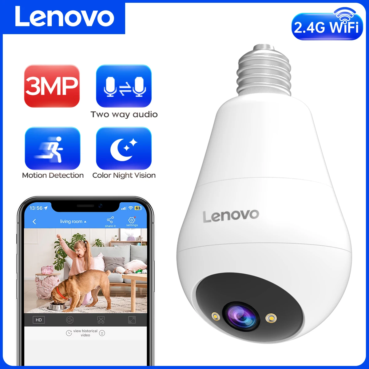 Lenovo 3MP WIFI E27 Glühbirne Überwachungskamera Vollfarbe Nachtsicht Zwei-Wege-Sprach-Gegensprechanlage Smart Home Drahtlose Kamera Image