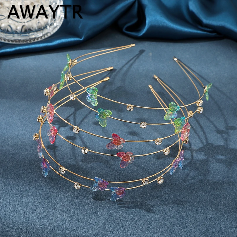 Awaytr Farbe Schmetterling Stirnband Doppels chicht Metall Haarband für Frauen Kopf bedeckung glänzende Strass Haarband Reifen Haarschmuck Image