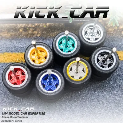 1/64 Wheels with Fixed Black Rubber Tires Pentagram Spokes for Model Cars Refiting Parts for