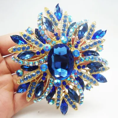 Fashion Luxury Design Vintage Style Blue Oval Flower Pendant Brooch Pin Rhinestone Crystal Gold Tone