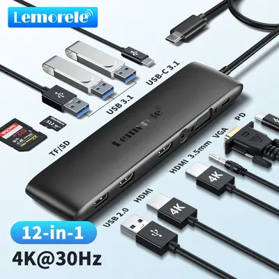 Lemorele TC97 USB Hub USB 3.1 Docking Station USBC to Dual HDMI 4K 10Gpbs Type-C 100W Adapter VGA
