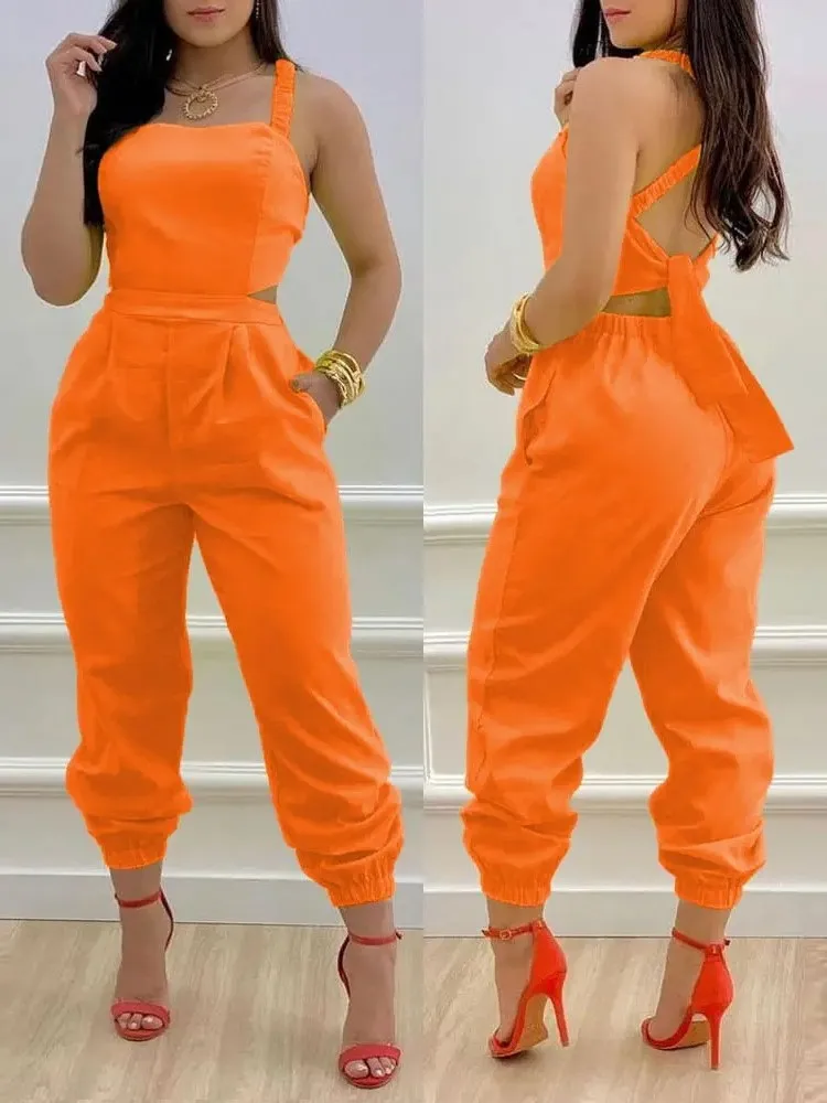 Nuova moda estiva stampata senza maniche tuta sexy cava senza schienale con lacci tute lunghe tuta casual elegante con tasca