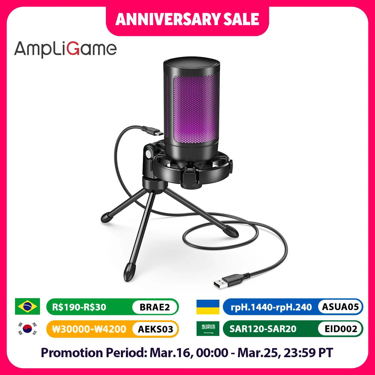 AmpliGame by FIFINE RGB-USB-Gaming-Mikrofon mit Licht-Touch-Stummschaltung, Kondensatormikrofon mit Stativ für PC, PS4/5, Laptop-Streaming-A2 Image