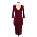 Fashion Nova Cocktail Dress - Midi V Neck 3/4 Sleeve: Burgundy Dresses - Women's Size Large