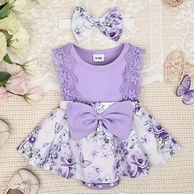 TEMU Baby Girl Clothes Newborn Romper Dress Infant Lace Ruffle Sleeveless Summer One-piece Outfits With Headband Blue 0-12 Months