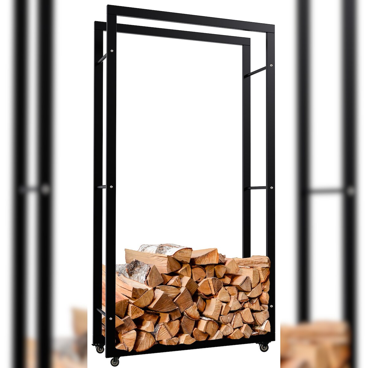 CLP Kaminholzständer Keri mit Rollen schwarz/25x80x150 cm Image