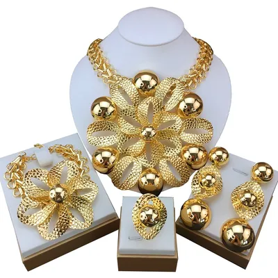 New Fashion Trendy Women Jewelry Set Brazilian Gold-Plated African Wedding Bridal Big Flower Pendant Necklace Gifts FHK18838