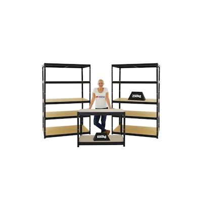 PROREGAL Mega Deal | 2x Schwerlastregal Big Elephant M & 1x Höhenverstellbare Werkbank Slim Dino| Fachlast bis zu 600kg | Schwarz | Stecksystem Image