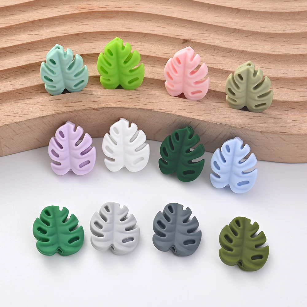 Anneau de dentition en Silicone pour bébé, 10 pièces, nouveau motif de feuilles, perles, bricolage, à mâcher, soins infirmiers, marchandises, jouet, sucette, chaîne, accessoires de fabrication