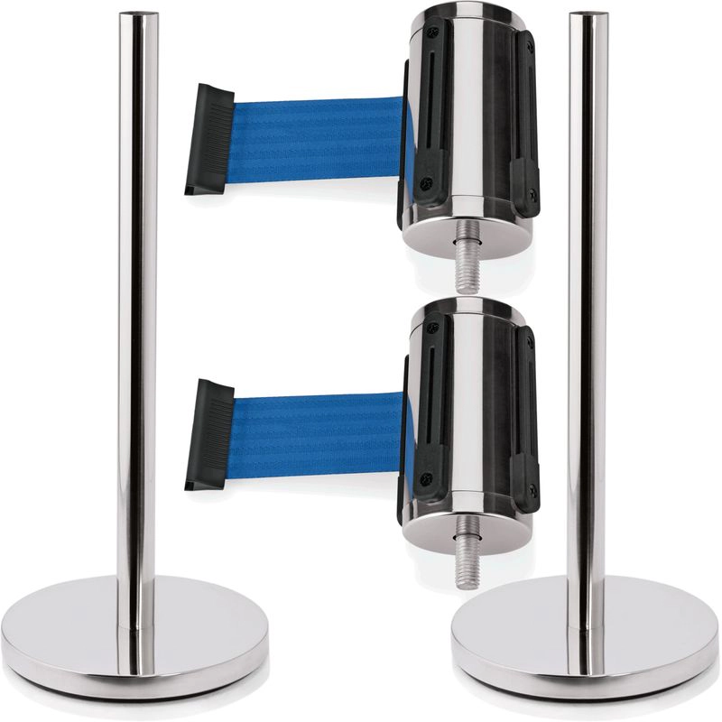 2x Abgrenzungspfosten + 2x Absperrband blau Edelstahl Highflex 4-Wege Absperrsystem Image