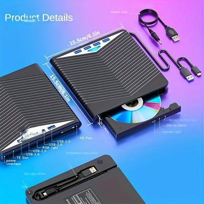 TEMU Multifunctional External Cd Dvd Drive, Usb 3.0 Type-c Cd Dvd +/-rw Optical Drive Cd Burner, Ultra-slim Drive With 4 Usb Ports And Sd/tf Card Slots, Compatible With Linux Windows