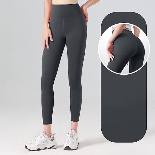 Damen Yogahose Yoga-Leggings Elastischer Bund Hohe Taille Pilates Fitnesstraining Training Strumpfhosen Einfarbig Dunkelgrau Schwarz Elfenbein Sport Sportkleidung Dehnbar Schlank Image
