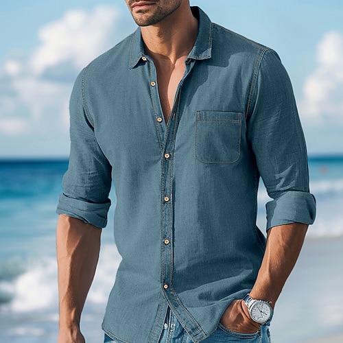 Per uomo Camicia Camicia in chambray Camicia in calicò Camicia con bottoni Maglietta informale Camicia da cowboy grigio blu Nero Blu scuro Azzurro Manica lunga Tinta unica Bavero Giornaliero Da mare