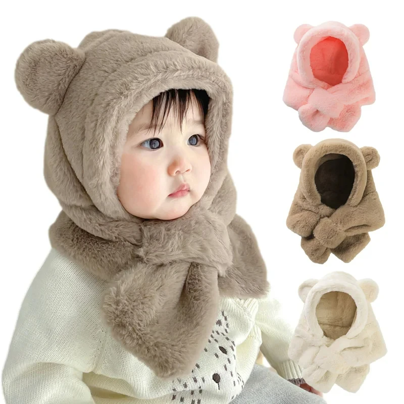 Winter Baby Hut Schal Einteilige Kunstpelz Kinder Hüte Cartoon Bär Warme Hals Ohr Kappe für Jungen Mädchen Winddicht mützen Säuglingsbedarf Image