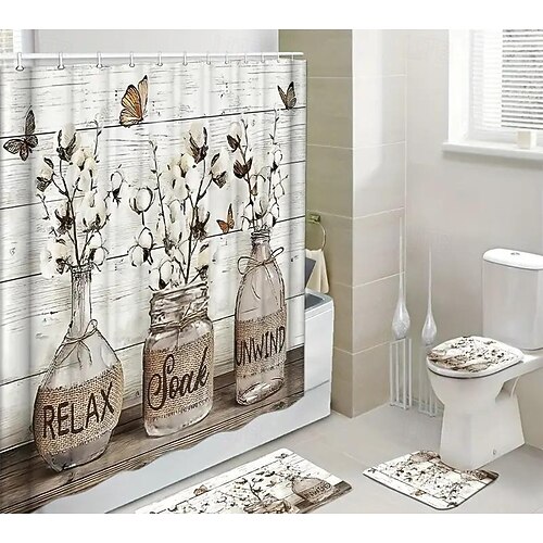 Set di Tende da Doccia 180cm 70 Tenda da Doccia Acquerello Tenda da Doccia Impermeabile in Poliestere Tappetino Antiscivolo Coprisergo Tappetino per Bagno e 12 Ganci in Plastica per Decorazione