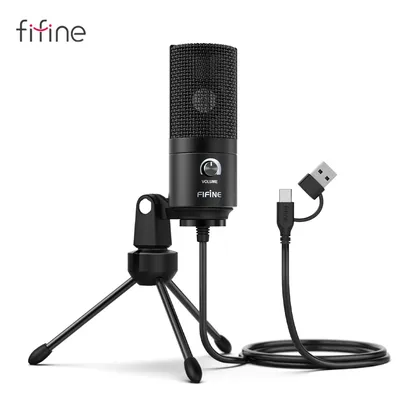 FIFINE USB Condenser Microphone with Gain Knob,Metal Recording Mic for Home
