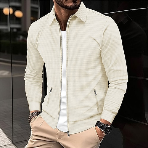 Herren Leichte Jacke Waffeljacke Sommerjacke Hemdjacke Urlaub Täglich Weich Tasche Frühling Herbst Einfach Mode Klassisch Revers Regulär Waffelstoff Schwarz Weiß Blau Khaki Grau Jacken Image