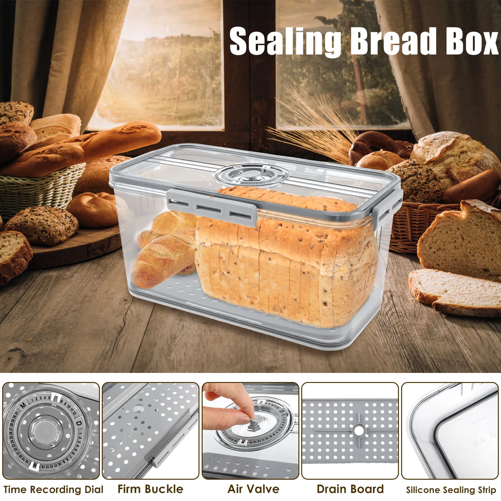 Boîte à pain scellage des aliments, récipient à pain avec enregistrement à pression, boîte de stockage des aliments de grande capacité, porte-pain hermétique pour Sandwich