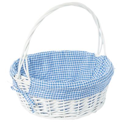 White Round Willow Gift Basket, with Gingham Liner and Handle