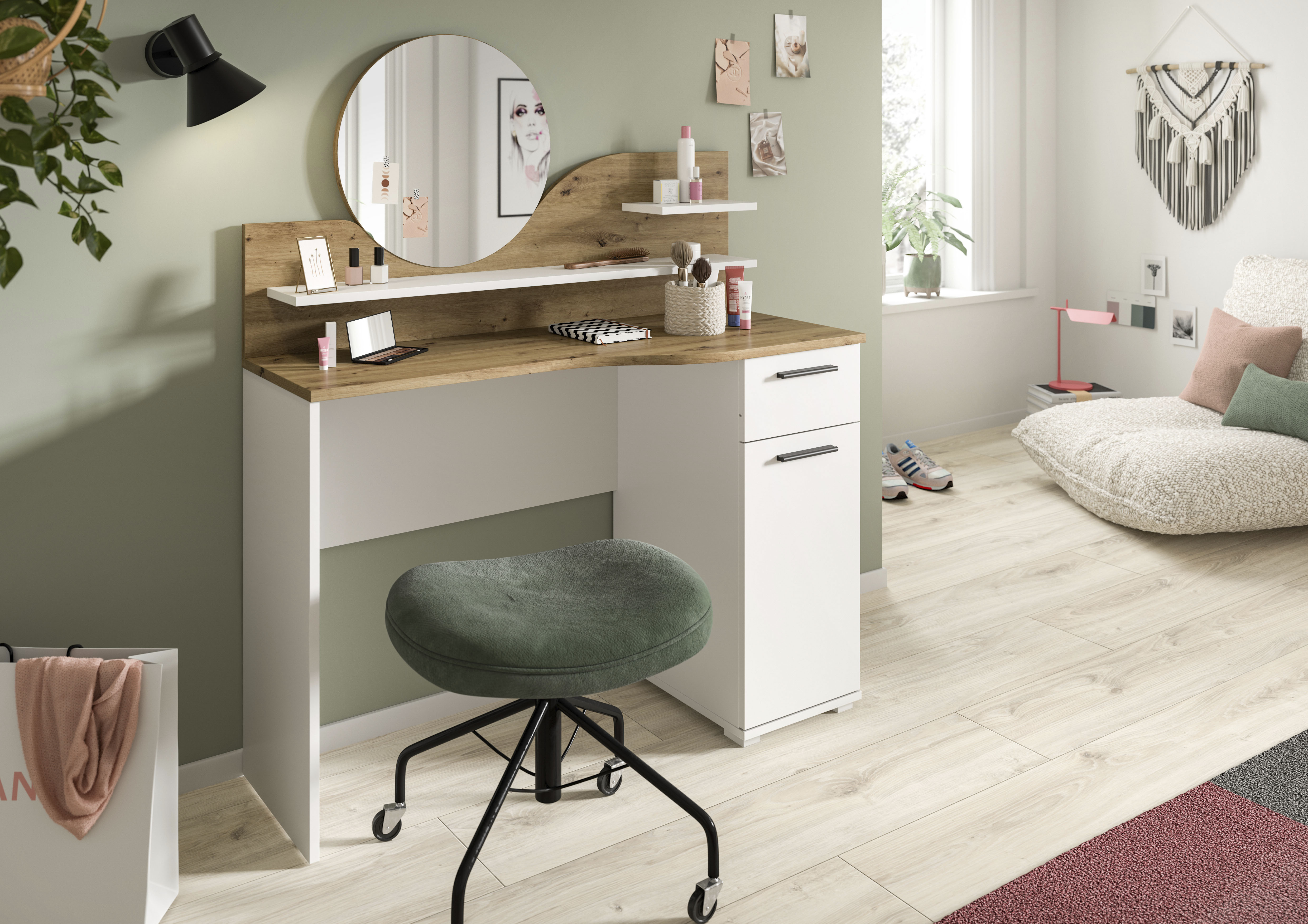 Konsolentisch INOSIGN "Hegomi, Breite 110 cm, 1 Tür, 1 Schubkasten, 2 Ablageböden, 1 Spiegel", weiß (weiß nachbildung, artisan eiche nachbildung), B:110cm H:135cm T:46cm, Tische, Frisiertisch, Frisierkommode, Spiegeltisch, Schminktisch