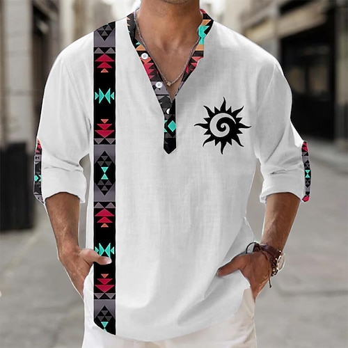 Herren Hemd Knopfhemd Langarm Tribal Modisch lässig Urlaub Lässig Sommer Frühling Herbst Stehkragen Knöpfe Druck Weiß Gelb Blau Grau Image