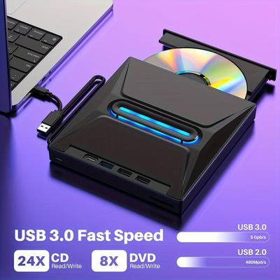 TEMU 2024 New Luminous 3 Usb 3.0 External Cd Dvd Drive, Typ C Portable Cd/dvd+/-rw Drive/dvd Player With Sd Card Reader Cd Rom Burner Compatible With Laptop Desktop Windows Linux Operating System