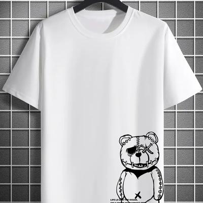 TEMU Men's Casual Bear Graphic Tee - Soft Polyester, Crew Neck, Short Sleeve Summer T-shirt Image